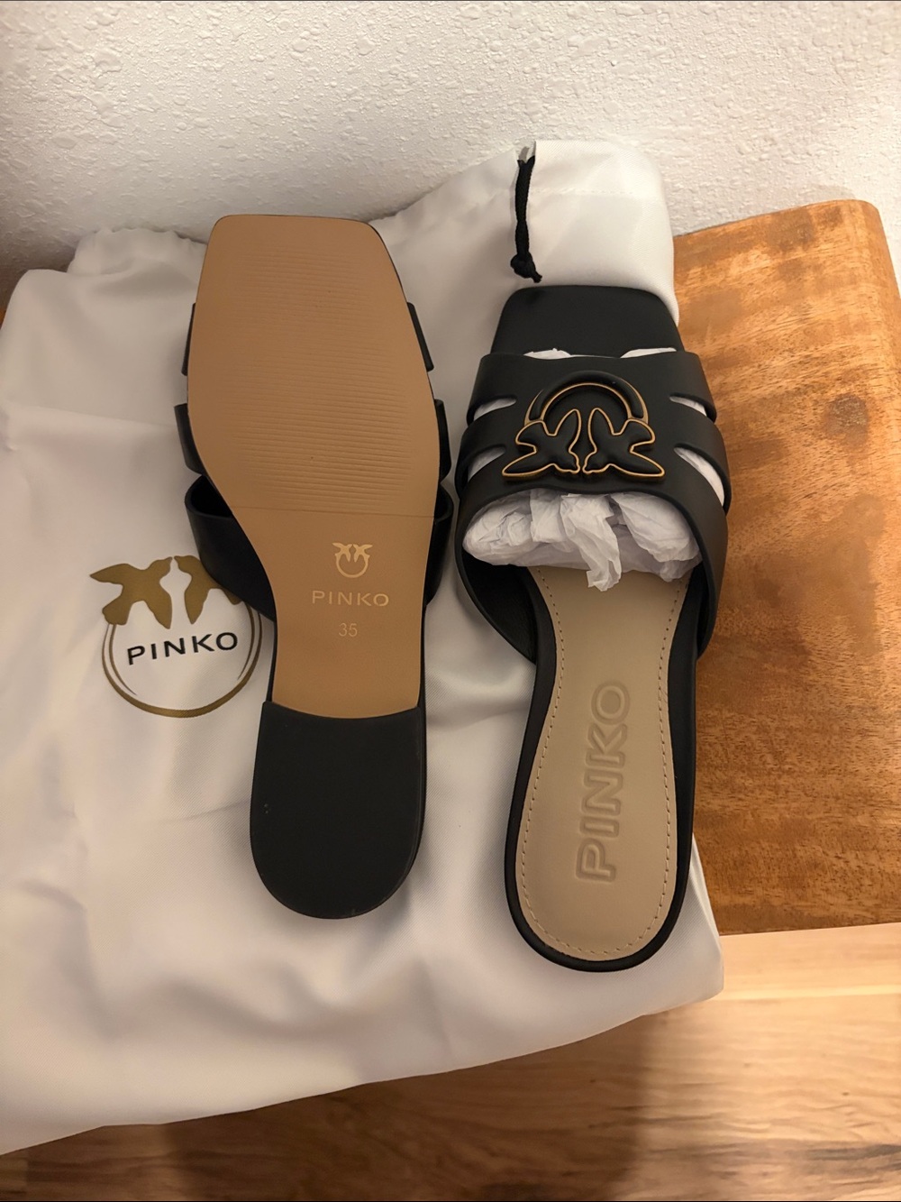 Pinko Black Slide Mules with Gold Logo Trim